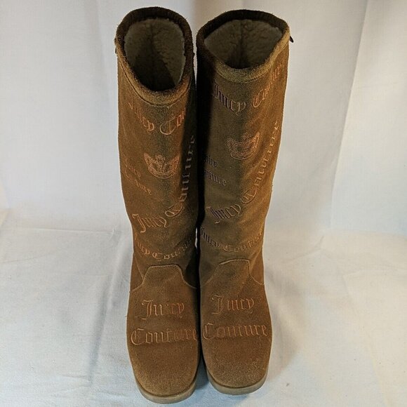 Juicy Couture Brown Faux Suede Moccasin Boots Knee High Tan Embroidered Y2K 8.5 - Picture 4 of 16